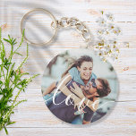 Simple Elegant Script Couple Photo Key Ring<br><div class="desc">Personalize with your favourite couple photo,  featuring a beautiful white script font with the word love,  creating a unique memory and gift to treasure! Perfect for wedding favor gifts. Designed by Thisisnotme©</div>