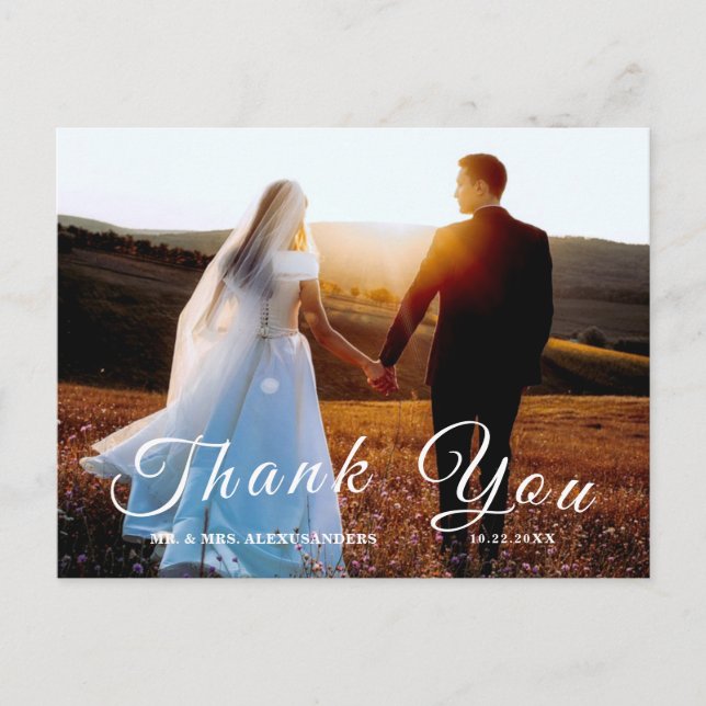 Simple Elegant Script Custom Photo Wedding Thank U Postcard (Front)
