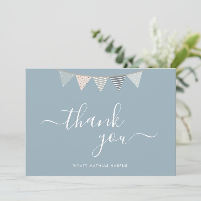 Simple Elegant Script Dusty Blue Baby  Thank You Card (Standing Front)