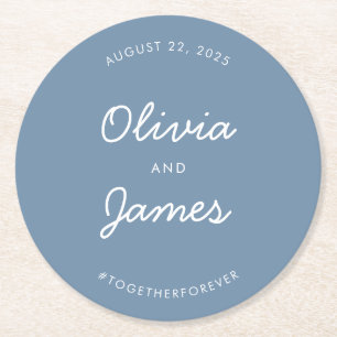 Simple Elegant Script Dusty Blue Wedding Hashtag Round Paper Coaster