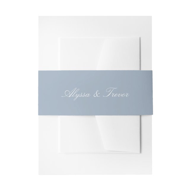 Simple Elegant Script Dusty Blue Wedding Invitation Belly Band (Front Example)