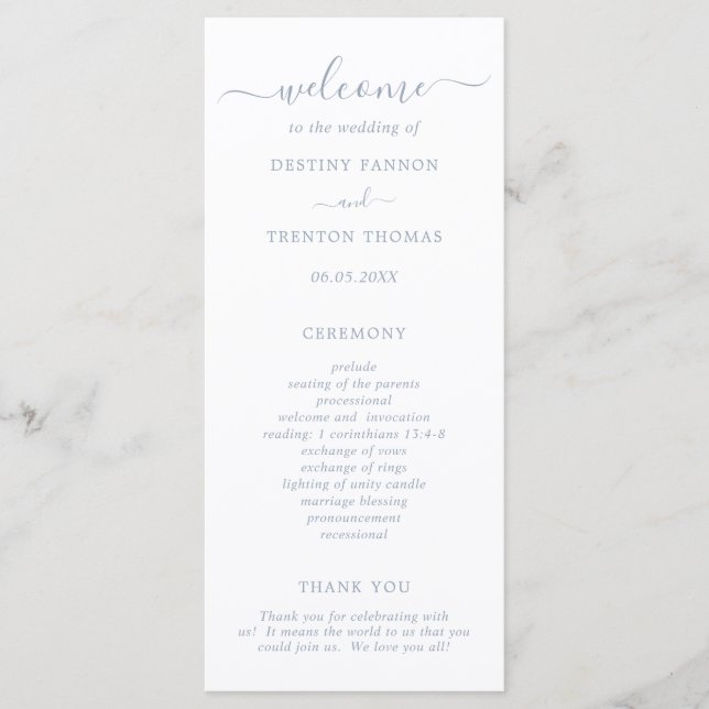 Simple Elegant Script Dusty Blue Wedding Programme (Front)