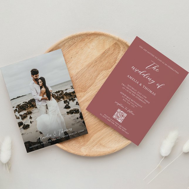 Simple Elegant Script Dusty Rose QR Code Wedding Invitation (Creator Uploaded)