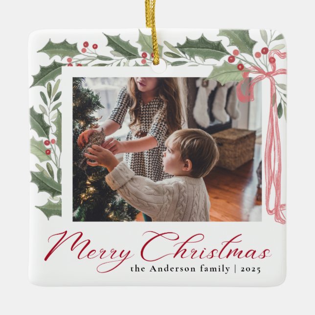 Simple Elegant Script Family Photo Merry Christmas Ceramic Ornament (Front)