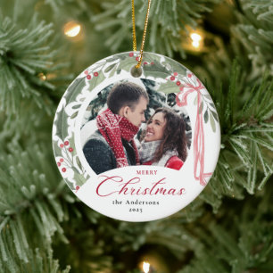 Simple Elegant Script Family Photo Merry Christmas Ceramic Tree Decoration