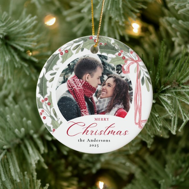 Simple Elegant Script Family Photo Merry Christmas Ceramic Tree Decoration (Tree)