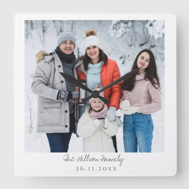 Simple Elegant Script Family Photo Square Wall Clock (Front)
