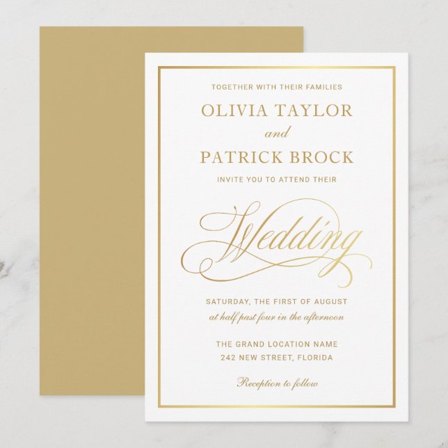 Simple Elegant Script Gold and White Wedding Invitation (Front/Back)