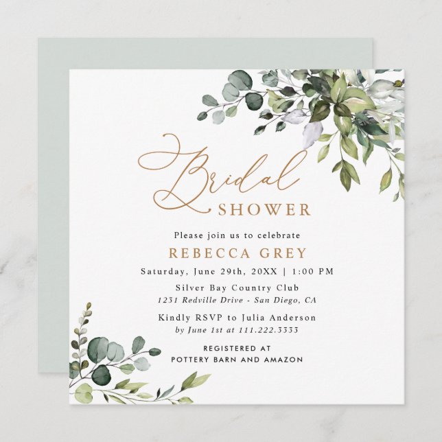 Simple Elegant Script Gold Greenery Bridal Shower Invitation (Front/Back)