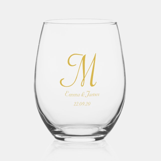 Simple Elegant Script Gold Monogram Wedding  Stemless Wine Glass (Front)