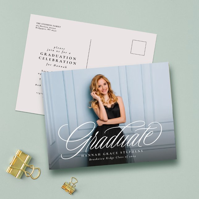 Simple elegant script graduate photo graduation postcard (Creator Uploaded)