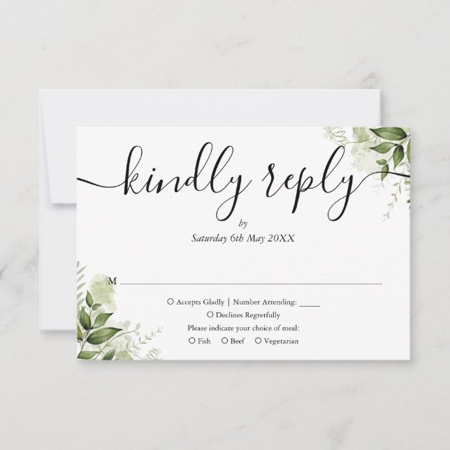 Simple Elegant Script Greenery Leaves Wedding RSVP Card (Front)