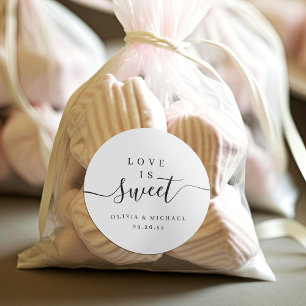 Simple elegant script love is sweet wedding favour classic round sticker