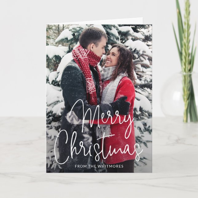 Simple Elegant Script Merry Christmas Photo Holiday Card (Front)
