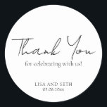 Simple Elegant Script Minimalist Classic Wedding Classic Round Sticker<br><div class="desc">Classic black and white wedding stickers featuring a simple design with a modern,  minimalist touch. The words "Thank You" in the title,  "Thank You for celebrating with us" is in an elegant script typography and the remaining text is in a traditional serif font.</div>