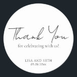 Simple Elegant Script Minimalist Classic Wedding Round Sticker<br><div class="desc">Classic black and white wedding stickers featuring a simple design with a modern,  minimalist touch. The words "Thank You" in the title,  "Thank You for celebrating with us" is in an elegant script typography and the remaining text is in a traditional serif font.</div>