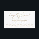 Simple Elegant Script Minimalist Modern Gold Loyalty Card<br><div class="desc">Modern faux gold loyalty card featuring a simple and minimalist layout with "Loyalty Card" in an elegant script typography.  The back has your contact info in a classic layout. This professional loyalty card is great for a makeup artist,  hair stylist,  beauty salon,  lash technician and more.</div>