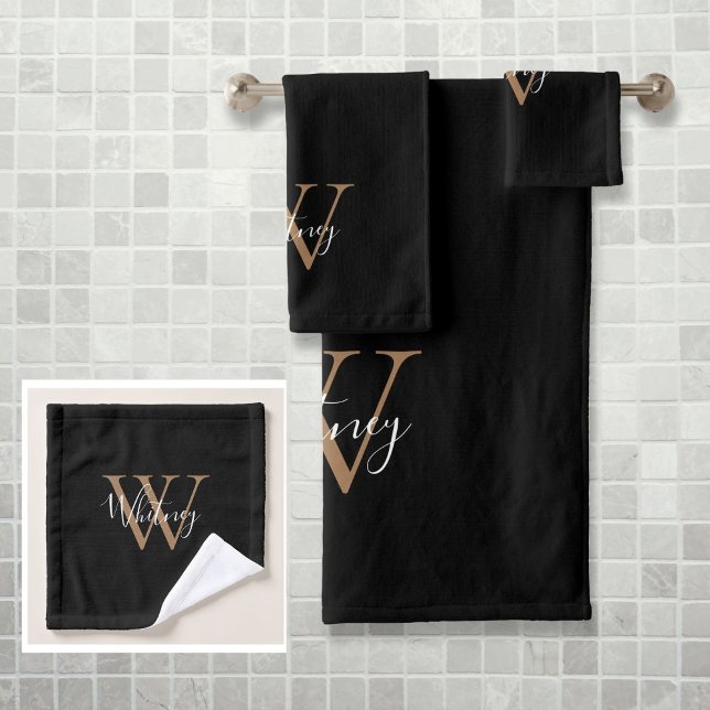 Simple Elegant Script Monogram Black and Gold Bath Towel Set (Simple Elegant Script Monogram Black and Gold Bath Towel Set)