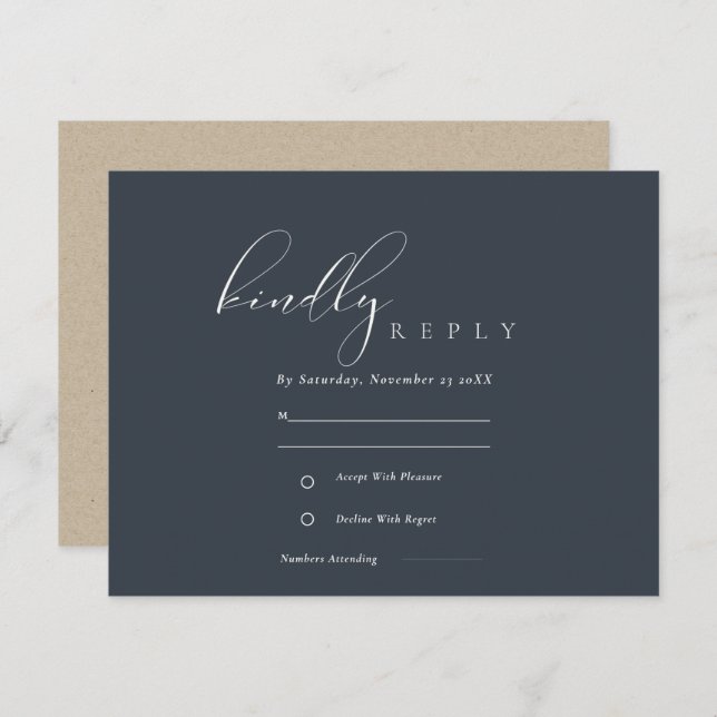 Simple Elegant Script Navy Black Wedding RSVP Enclosure Card (Front/Back)