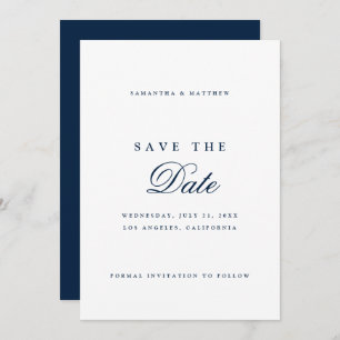 Simple Elegant Script Navy Blue Wedding Save The Date