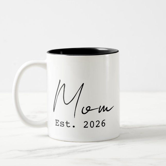 Simple Elegant Script New Mum Established 2026  Two-Tone Coffee Mug (Left)
