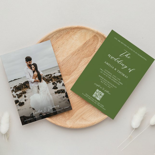 Simple Elegant Script Olive Green QR Code Wedding Invitation (Creator Uploaded)