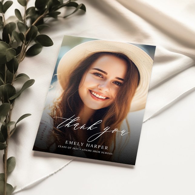 Simple Elegant Script Overlay Two Photo Graduation Thank You Card (Creator Uploaded)