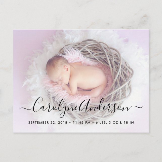Simple Elegant Script Photo Birth Announcement (Front)