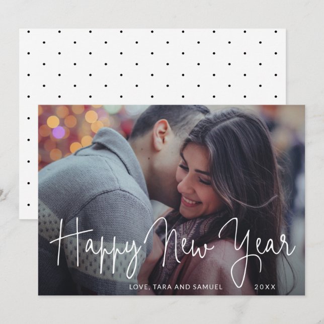 Simple Elegant Script Photo Happy New Year Holiday Card (Front/Back)