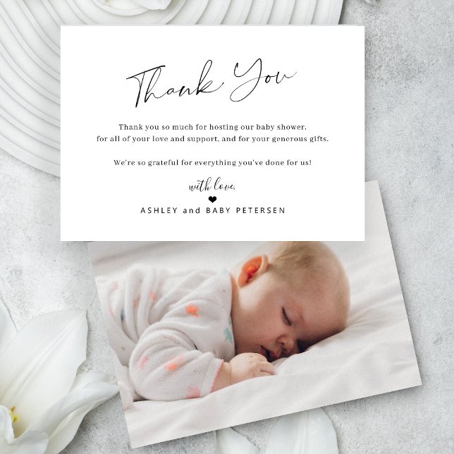 Simple elegant script photo message baby  thank you card (Creator Uploaded)