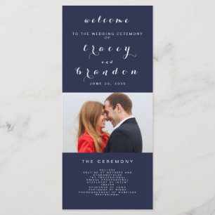 Simple Elegant Script Photo Navy Blue Wedding Programme