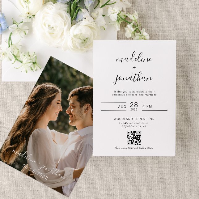 Simple Elegant Script Photo QR Code Rsvp Wedding  Invitation (Creator Uploaded)