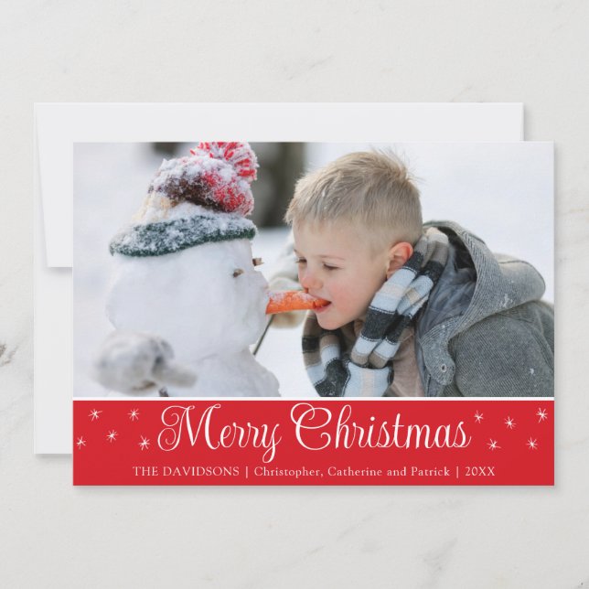 Simple Elegant Script Photo Red Custom Greeting Holiday Card (Front)