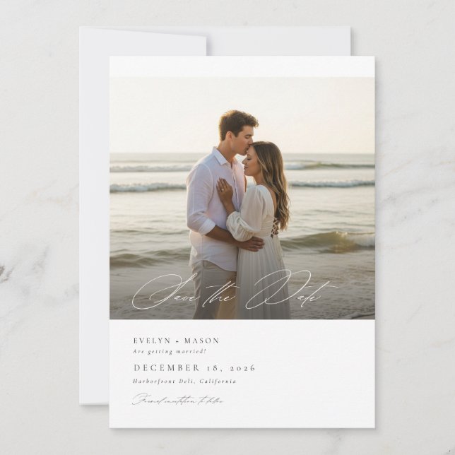 Simple Elegant Script Photo Wedding QR Code Save The Date (Front)