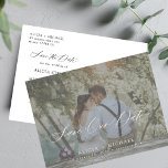 Simple elegant script photo wedding save the date announcement postcard<br><div class="desc">Modern minimalist chic wedding save the date postcard template with your custom photo and trendy faux vellum transparent overlay white hand lettered calligraphy script.             Easy to personalise with your details on both sides!</div>