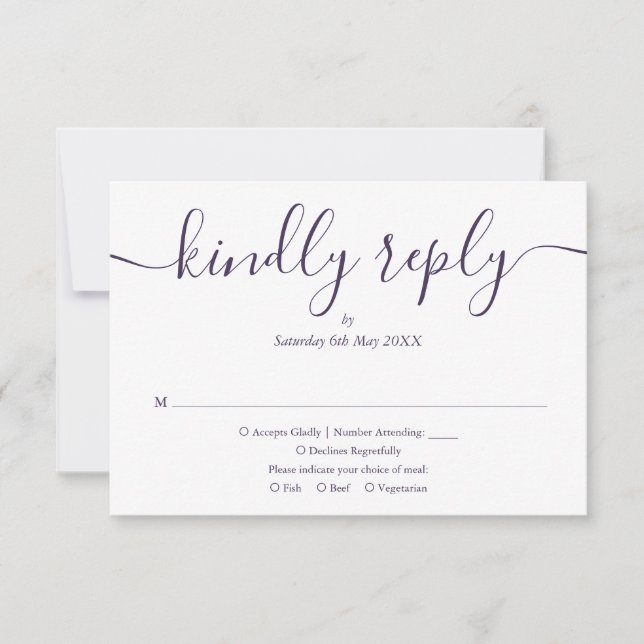 Simple Elegant Script Purple Photo Wedding RSVP Card (Front)