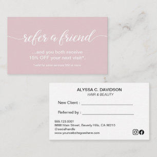 Simple Elegant Script Refer a Friend Blush pink Loyalty Card