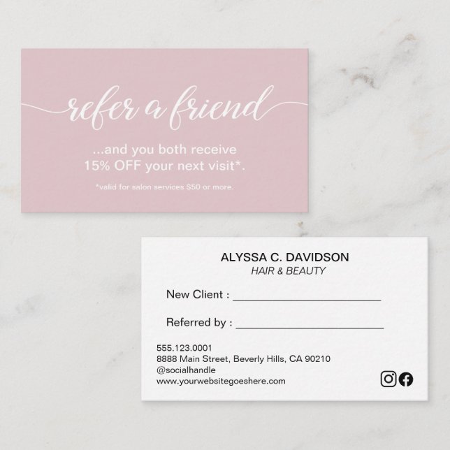 Simple Elegant Script Refer a Friend Blush pink Loyalty Card (Front/Back)