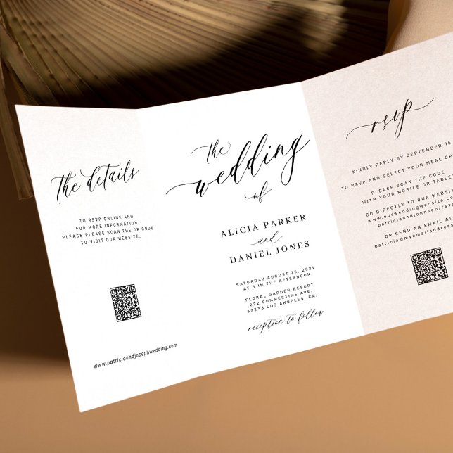 Simple elegant script RSVP QR white wedding Tri-Fold Invitation (Creator Uploaded)