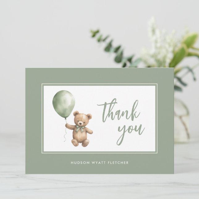 Simple Elegant Script Sage Green Baby Boy Thank You Card (Standing Front)