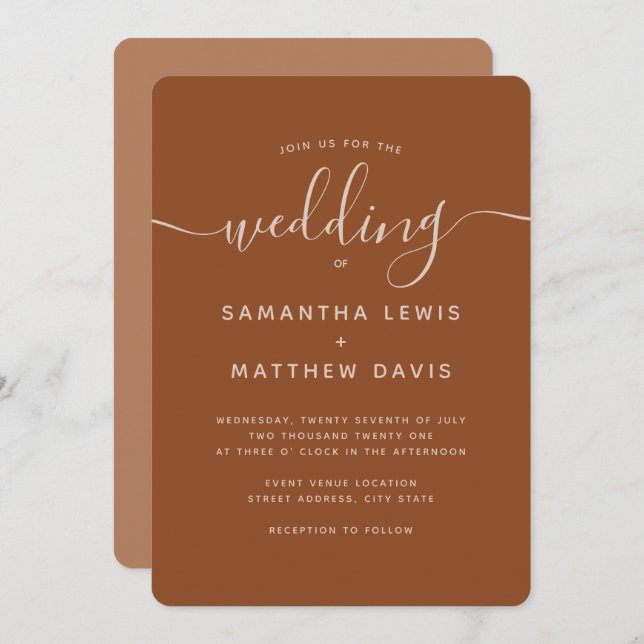 Simple Elegant Script Terracotta Bohemian Wedding Invitation (Front/Back)