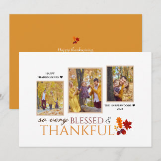 Simple Elegant Script thanksgiving family 3 photo Holiday Card