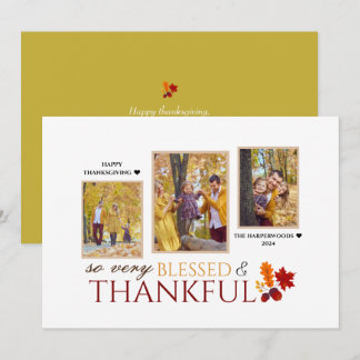 Simple Elegant Script thanksgiving family 3 photo Holiday Card