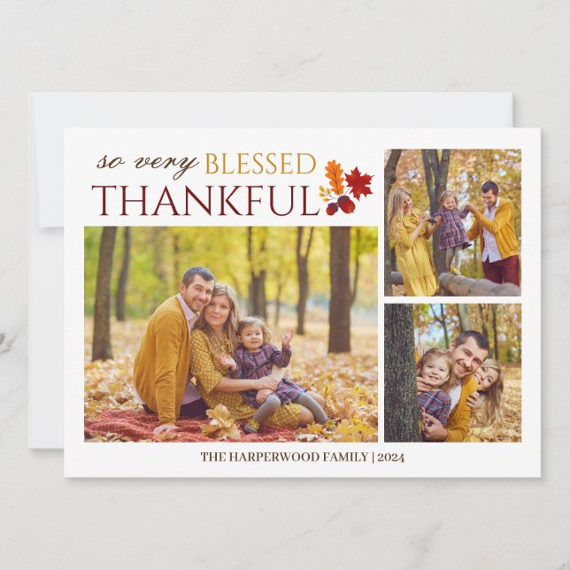 Simple Elegant Script thanksgiving family 3 photo Holiday Card (Front)