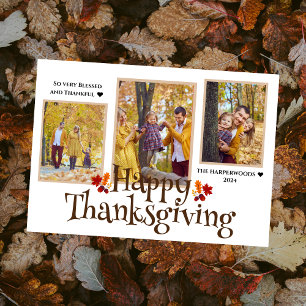 Simple Elegant Script thanksgiving family 3 photo Holiday Card