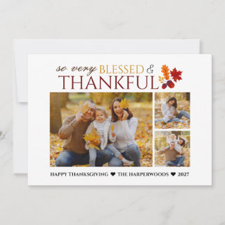 Simple Elegant Script thanksgiving family 3 photo Holiday Card