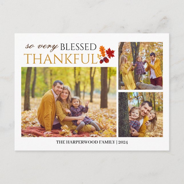 Simple Elegant Script thanksgiving family 3 photo Holiday Postcard (Front)
