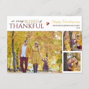 Simple Elegant Script thanksgiving family 3 photo Holiday Postcard