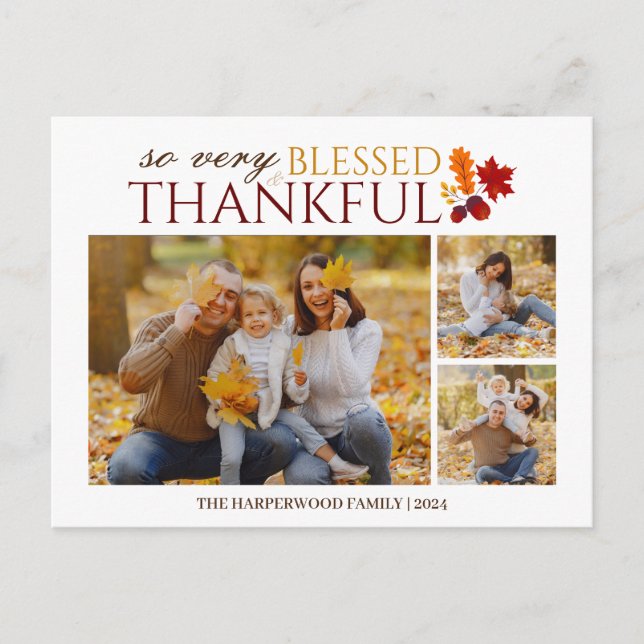 Simple Elegant Script thanksgiving family 3 photo Holiday Postcard (Front)