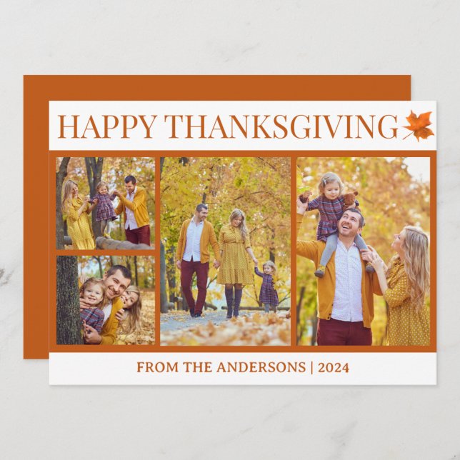 Simple Elegant Script thanksgiving family 4 photo Holiday Card (Front/Back)